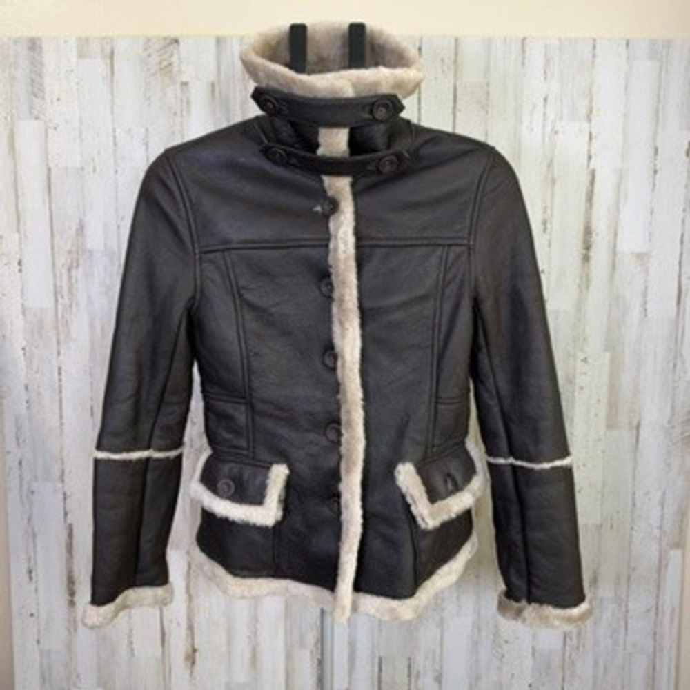 Parfait Fashion Jacket S Brown Y2K Faux Leather Shearling Trim Moto Aviator Coat